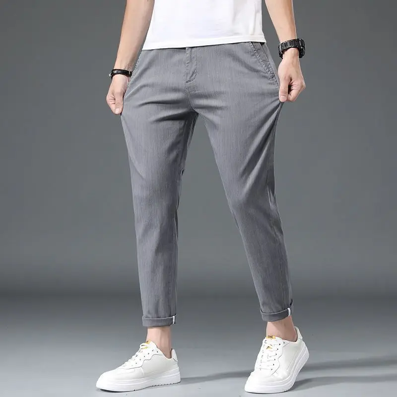 Summer New Fashion Casual Ice Silk Simple Versatile Straight Pants Men Solid Button Zipper Pockets Slim Loose Casual Trouser