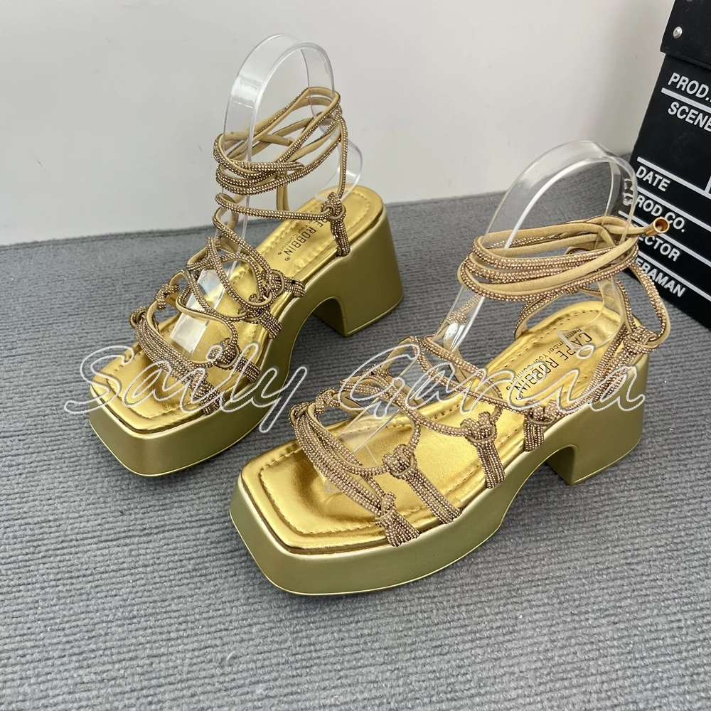 

Solid Crystal Narrow Band Hollow Sexy Sandals 2024 Summer NEW INS Colorful Casual Shoes Open Toe Platform Lace Up All Match Shoe