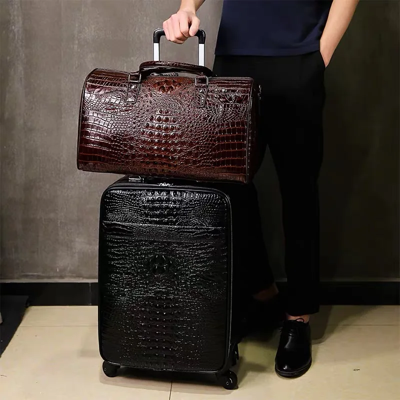 100% Real Leather travel luggage with handbag men head cowhide universal wheel crocodile pattern suitcase 20 inch boarding case - Image 2