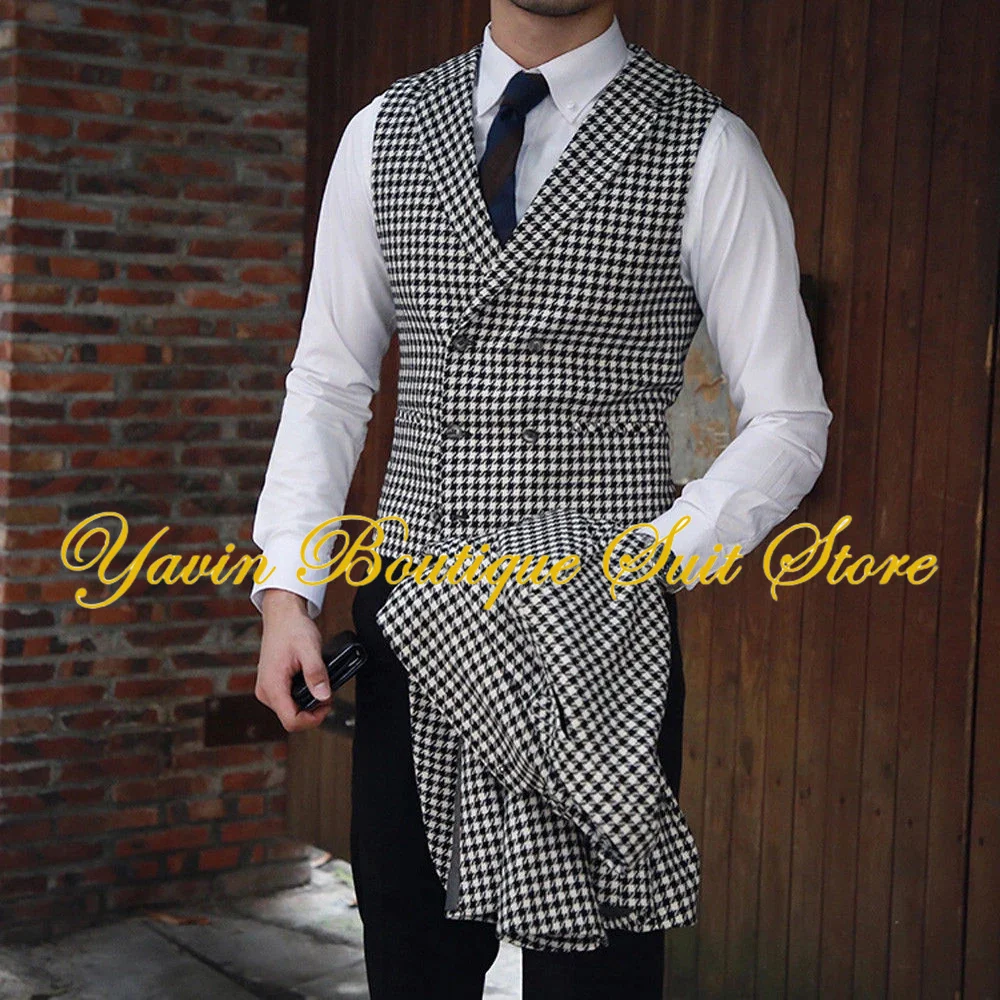 Black and White Plaid Men's Suit 3 Pieces Jacket Pants Vest Set Tweed Blazer Wedding Tuxedo Formal Man Suits 3