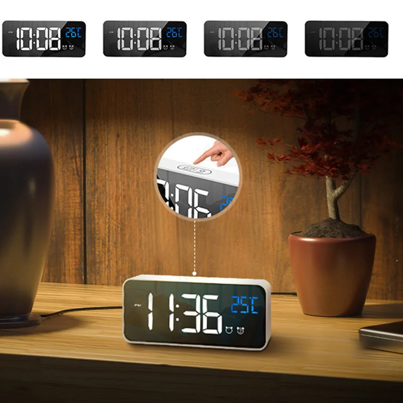 

Mirror Digital Alarm Clock Table Clock Temperature Humidity Calander 12/24 Hour LED Display Electronic Desk Clocks USB Charger