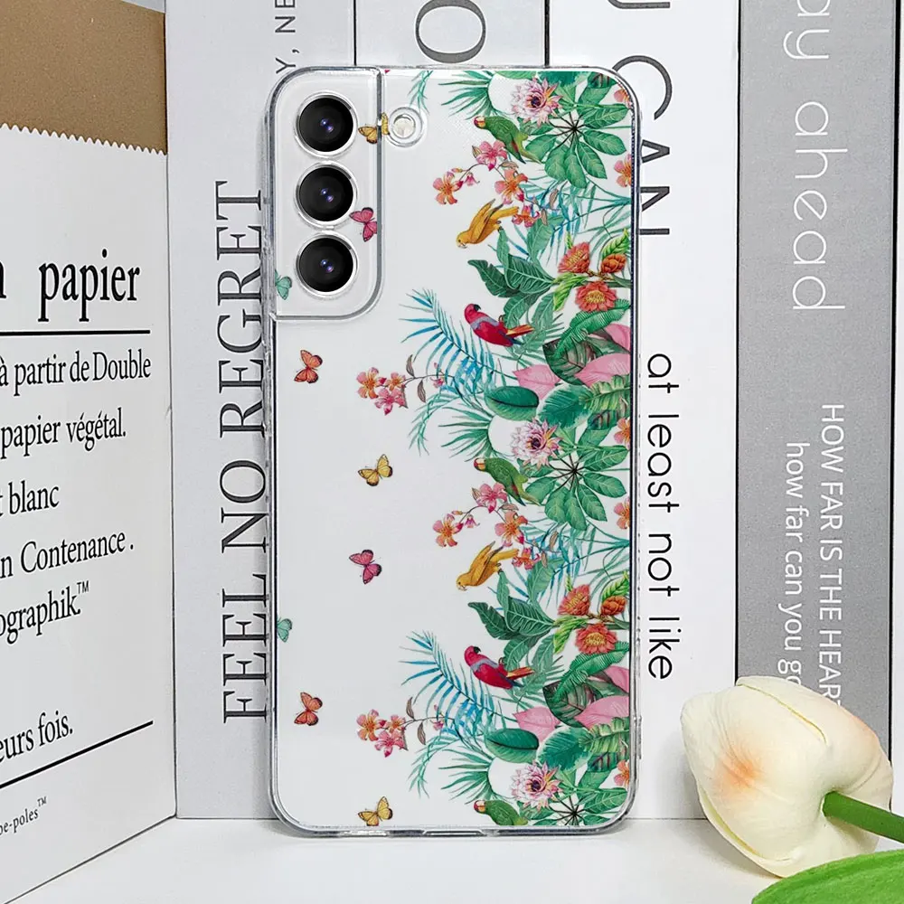 Floral Palm Leaf Painted Transparent Phone Case - Soft Cover with Flower Design
