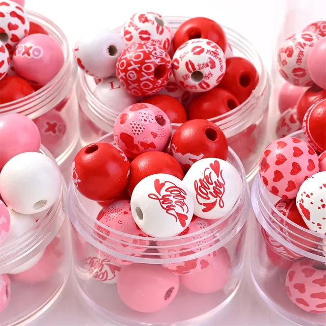 16mm 50pcs Mix Style Valentine's Day Wooden Beads White Red Pink Wood Beads  for Crafts Tassel