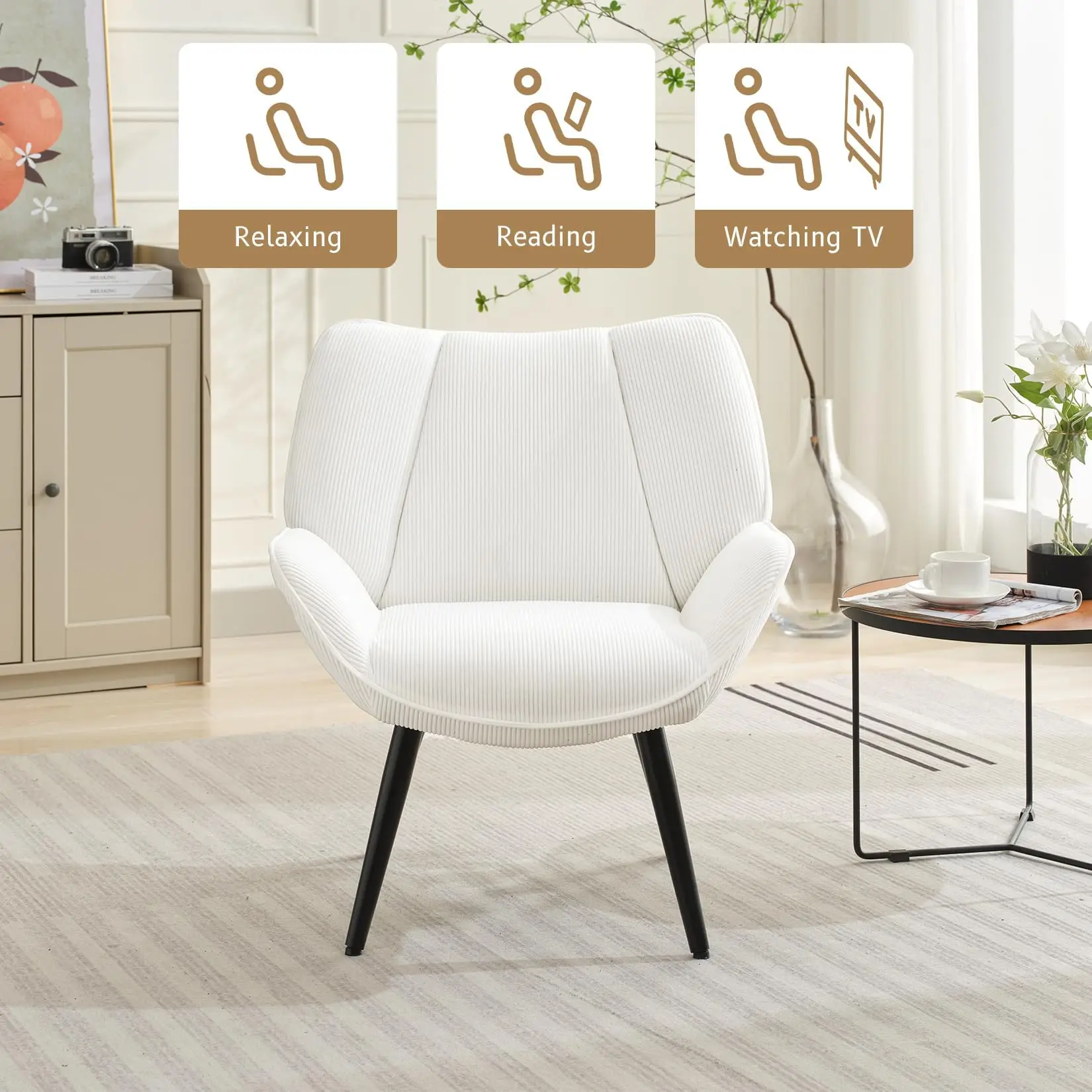 Wohnzimmer-Akzentsessel, moderner Wingback-Lesesessel, bequemer Cord-Sofasessel mit Metallbeinen, gepolsterter Clubsessel – Detail 7