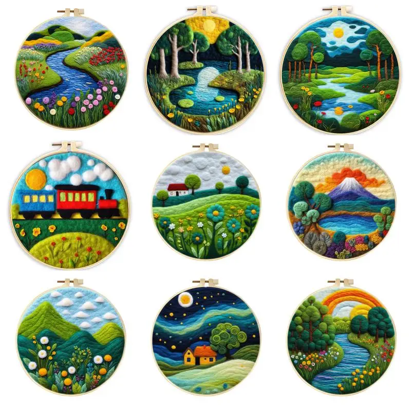 RUOPOTY Wool Needle Felting Starter Kit Diy Crafts Landscape Pattern Needle Felt Kits For Adults Felt Painting Set Home Art