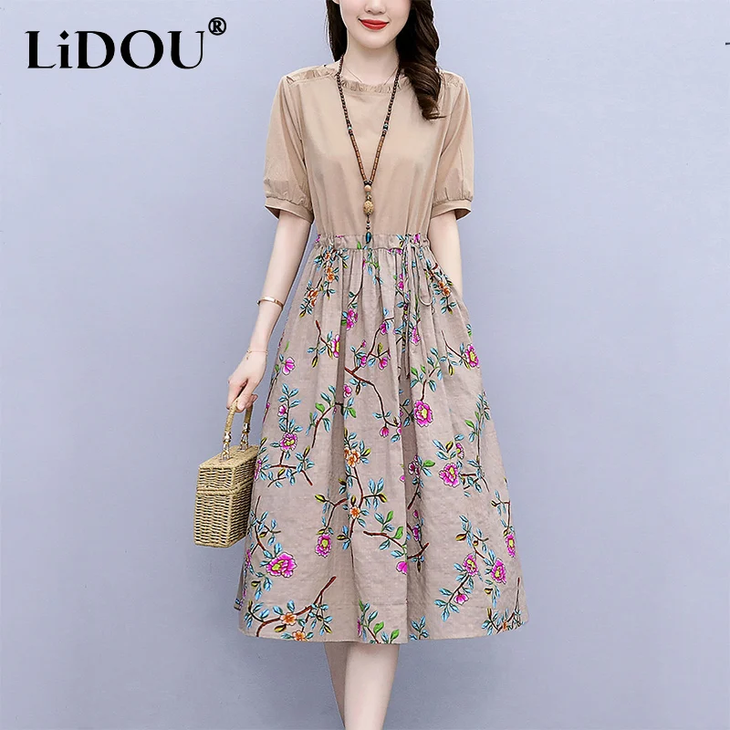 

2022 Summer Cotton Linen Vintage Floral Patchwork Drawstring Dress Women Short Sleeve Casual Fashion A-line Midi Robe Dresses