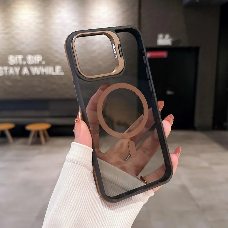 Fashion Double Color Magnetic Stand Translucency Case For iPhone 16 15 14 13 12 11 Pro Max Plus Magsafe Splice Color Matte Cover