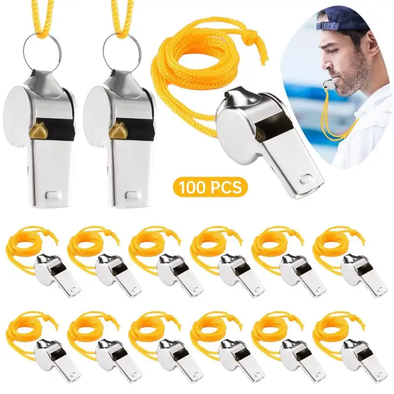 

100 шт. металлические свистки для рефери, спортивный громкий экстренный свисток, портативный свисток для учителей из полиэтилена