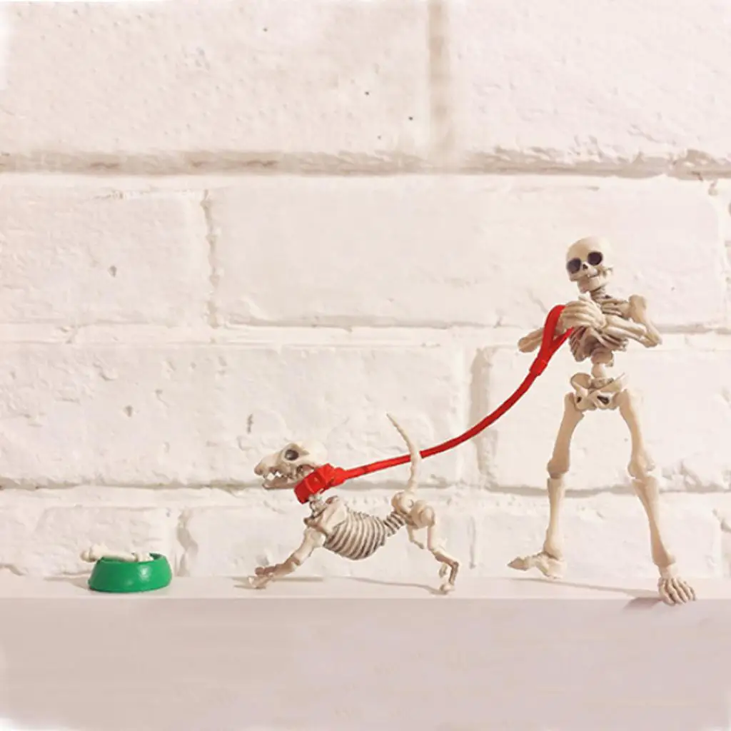 Dollhouse Miniatures Pose Skeleton Dog Bowl Set Halloween Props