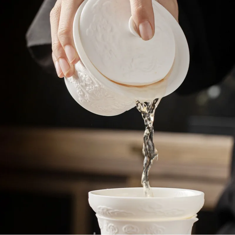 relief sculpture Dragon and Phoenix Sancai Covered Bowl 160ml Kung Fu Tea Brewer Large Tea Cup Zen Ware