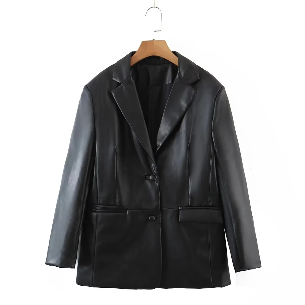 Maxdutti Ins Fashion Long Leather Jackets Blogger High Street Vintage Boyfriend Notched Blazers Women