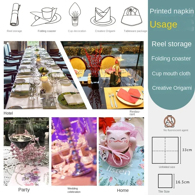 20pcs/pac Butterfly Flower and Grass Colorful Printed Square Paper Napkin Restaurant Cafe Folded Facial Towel 2 Ply 33cm paper napkins