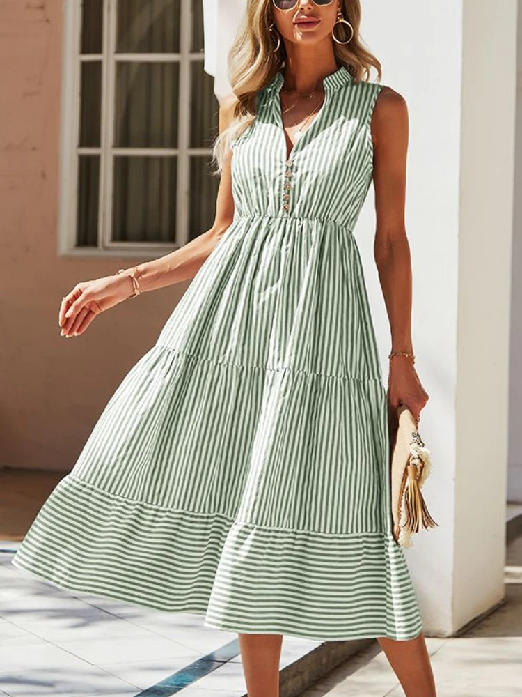 

Women Sundress Summer Ladies Casual Vintage Dress Women Sleeveless Holiday Striped Dress Outfits Female Robe Vestidos 28002