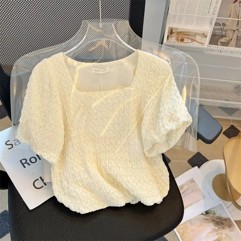 

Women's Clothing Summer 2024 New Short England Sweet Solid Color Square Collar Ruched Puff Sleeve Blouse Fashion Chiffon Shirts