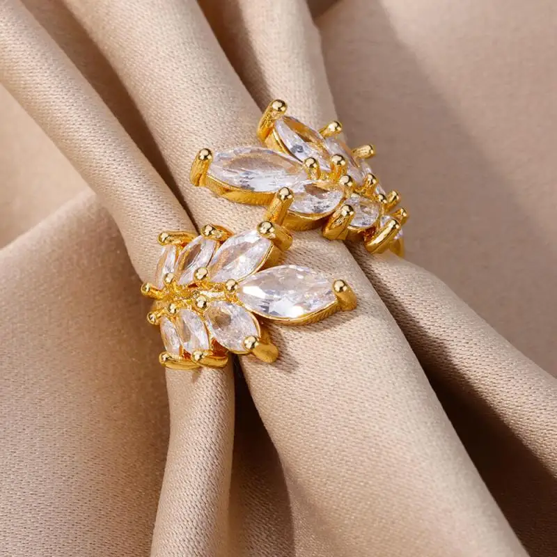 Luxury White Leaf Stainless Steel Ring for Women Gold Color Open Finger Rings Party Vintage Jewelry Accessories Birthday Gifts
