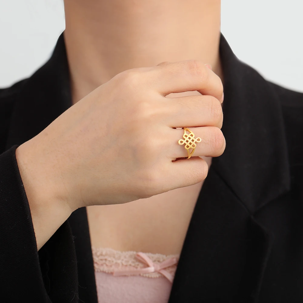 Dawapara klassischer chinesischer mystischer Knoten ring für Frauen unendliches Symbol viel Glück Frieden Amulett Edelstahl Ehering – Detail 5