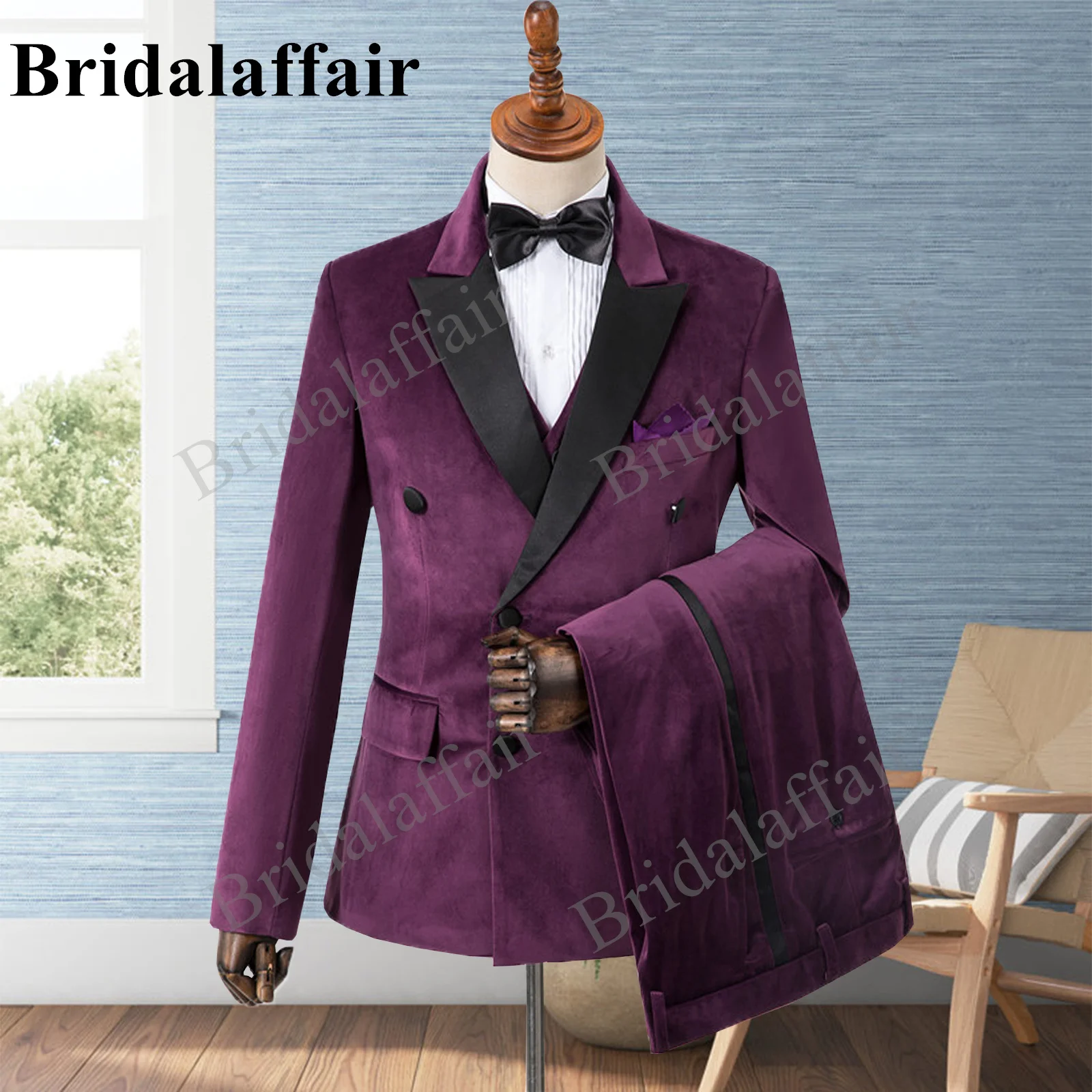 Bridalaffair Purple Suede Mens Suits 3 Piece Elegant Blazer Suit Jacket Vest Pant Peaked Lapel Wedding Tuxedo Costume Homme