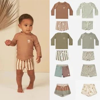 2025 Estate Bambini Ragazzo Costumi da bagno Protezione solare Vacanza Pantaloni da spiaggia Top a manica lunga con cappello Bambini Surf Costume da bagno 1-7T 1