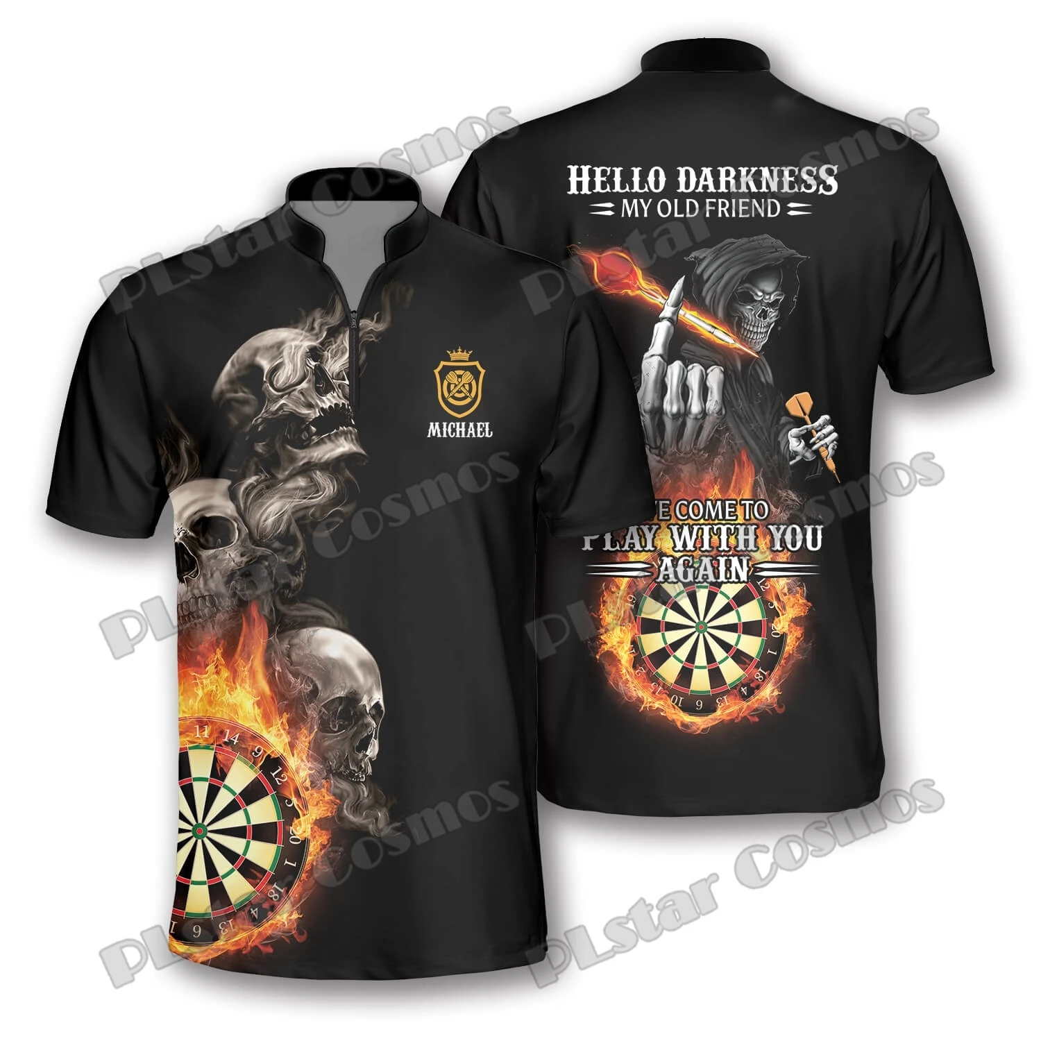 

PLstar Cosmos Darts Skull Lightning Pattern Custom Name 3D Printed Mens Zipper Polo Shirt Summer Casual Zip Polo Shirts PPO24