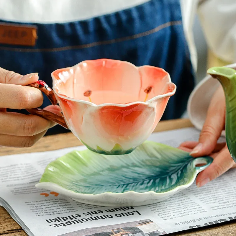Enamel Craft Ceramic Tea Set Crockery Coffee Cup And Saucers Pastoral Flower Series Afternoontea Drinkware With Cups Holder