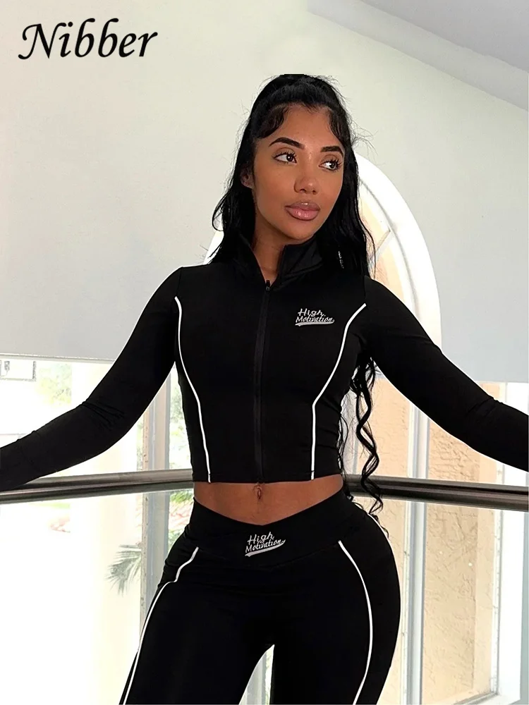 Nibber Casual 2 Piece Set Tracksuit Elastic Patchwork Stripe Tight Zip Crop Jacket+Leggings Matching Streetwear Sporty Suits