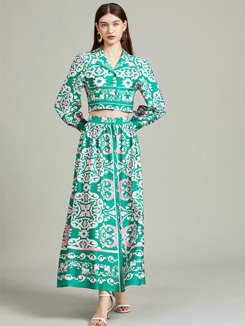 

Runway Fashion Blue And White Porcelain 2 Piece Set Outfits Female Bohemian Blazer Shirt Crop Top+ Long Maxi Skirt Suits