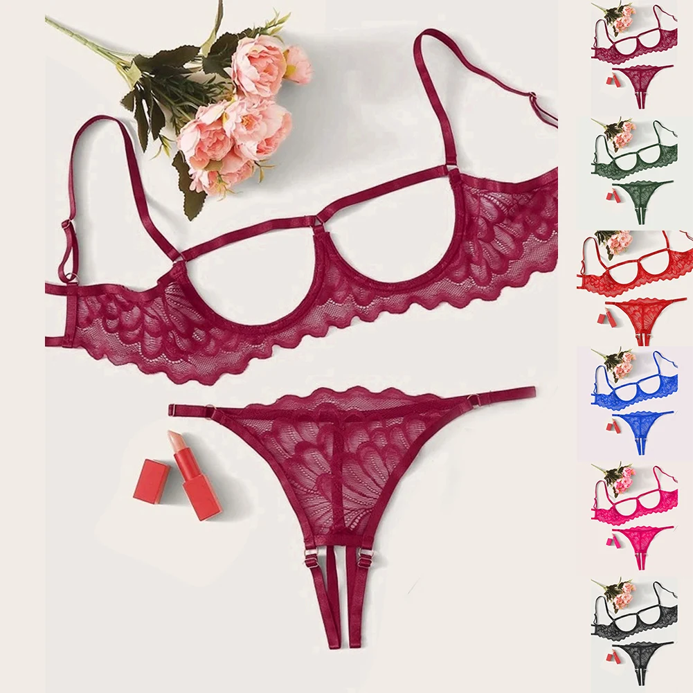 Women's Sexy Lingerie Sexy Two Piece Suit Hollow Panties Lace Underwear Open Crotch T-Back Set Hot Bikini Underpants