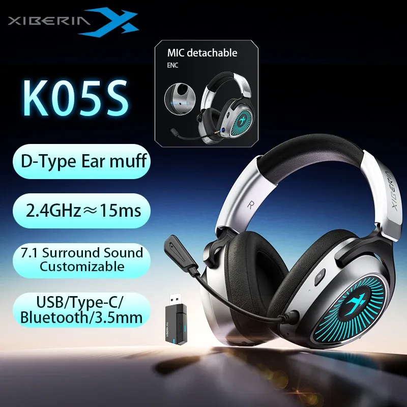 Xiberia K05S RBG Wireless Headphones Bluetooth 7.1 Music Headset MIC Removable 4-Mode 2.4GHz Headphone Esports Gamer Pc Gaming