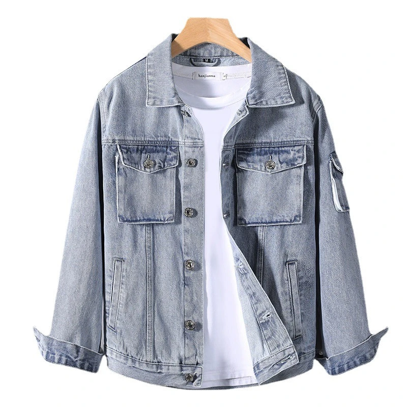 Spring Autumn Men's Cargo Jeans Jacket With Multi Pockets Fashion Denim Coat Outerwear For Male Washed Blue Cowboy Tops bomber jacket
