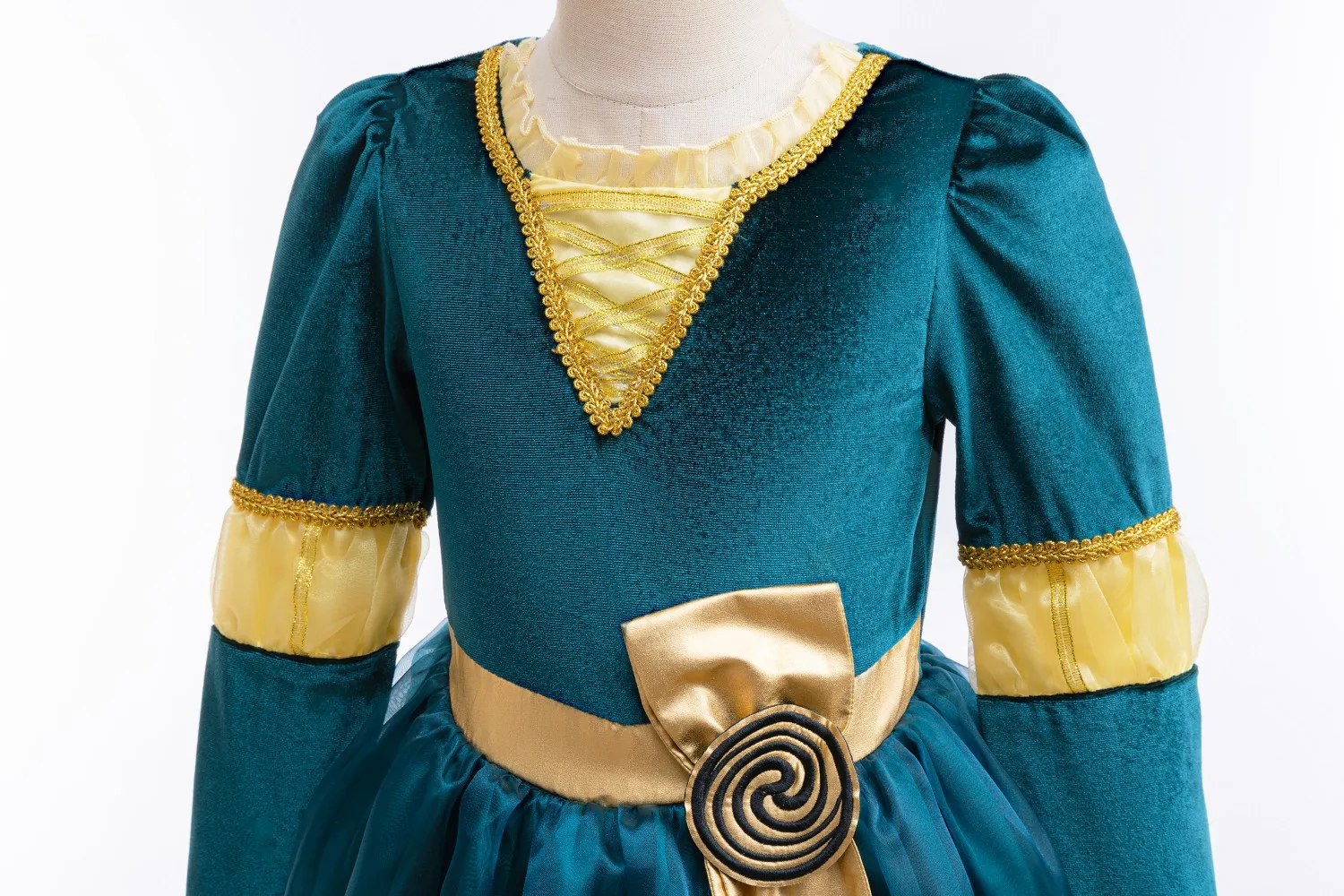 Brave Merida-Kostüm für Mädchen, ausgefallenes blaugrünes Samt-Partykleid, mittelalterlicher Stil, goldenes Muster, langärmelig, Halloween-Cosplay-Kostüm – Detail 8