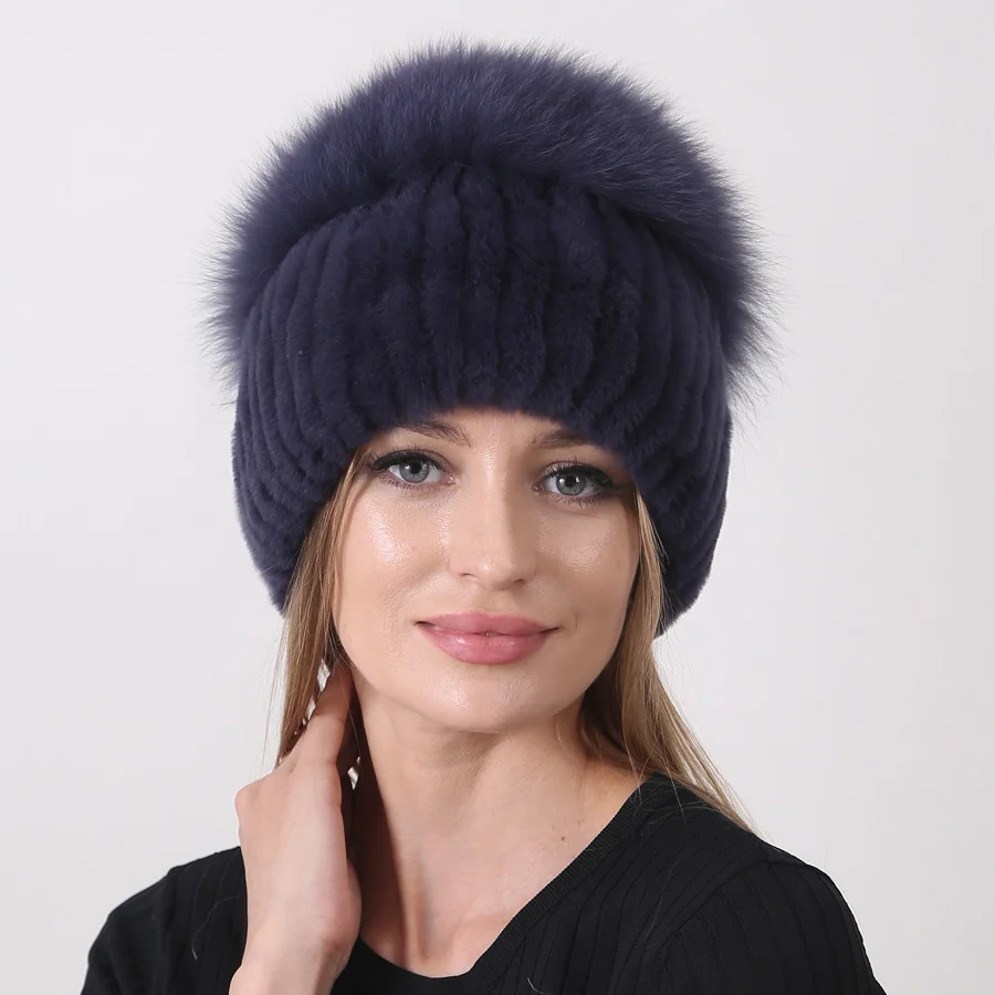 Winter natürliche Kaninchen Pelzmütze russische Frauen Echtpelz Fuchs Pompon gestrickt warme Hüte – Detail 7