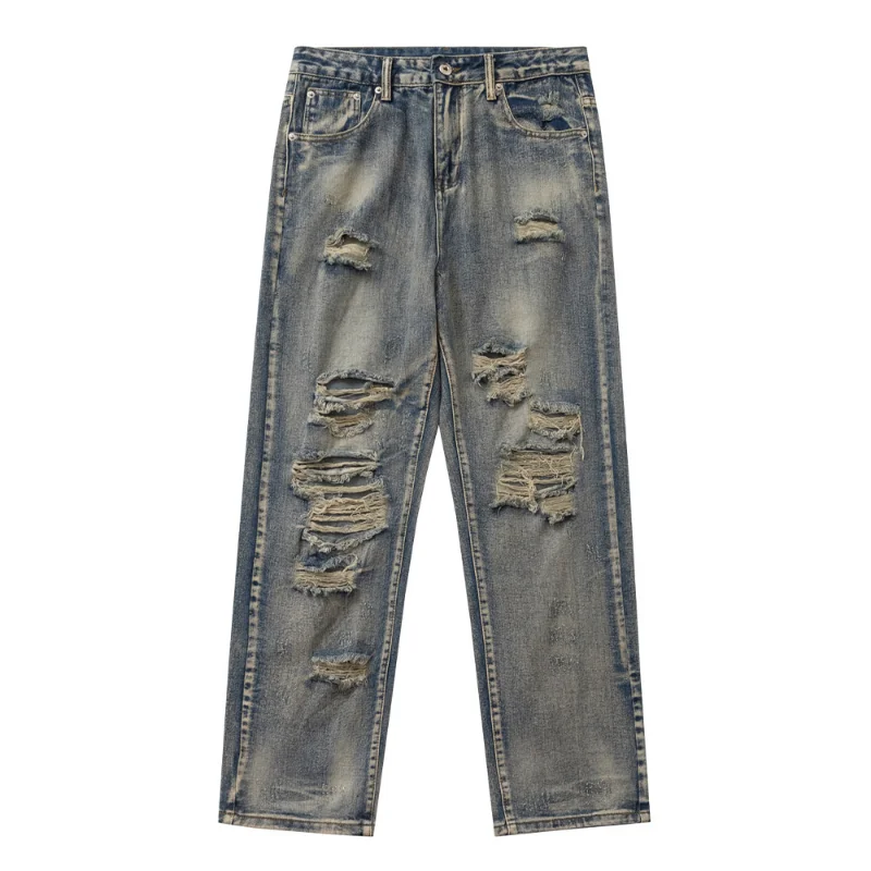 

Hip Hop Denim Pants Ripped Destroyed Hole Washed Straight Jeans Harajuku Fashion 2023 Retro Casual Denim High Street Trousers