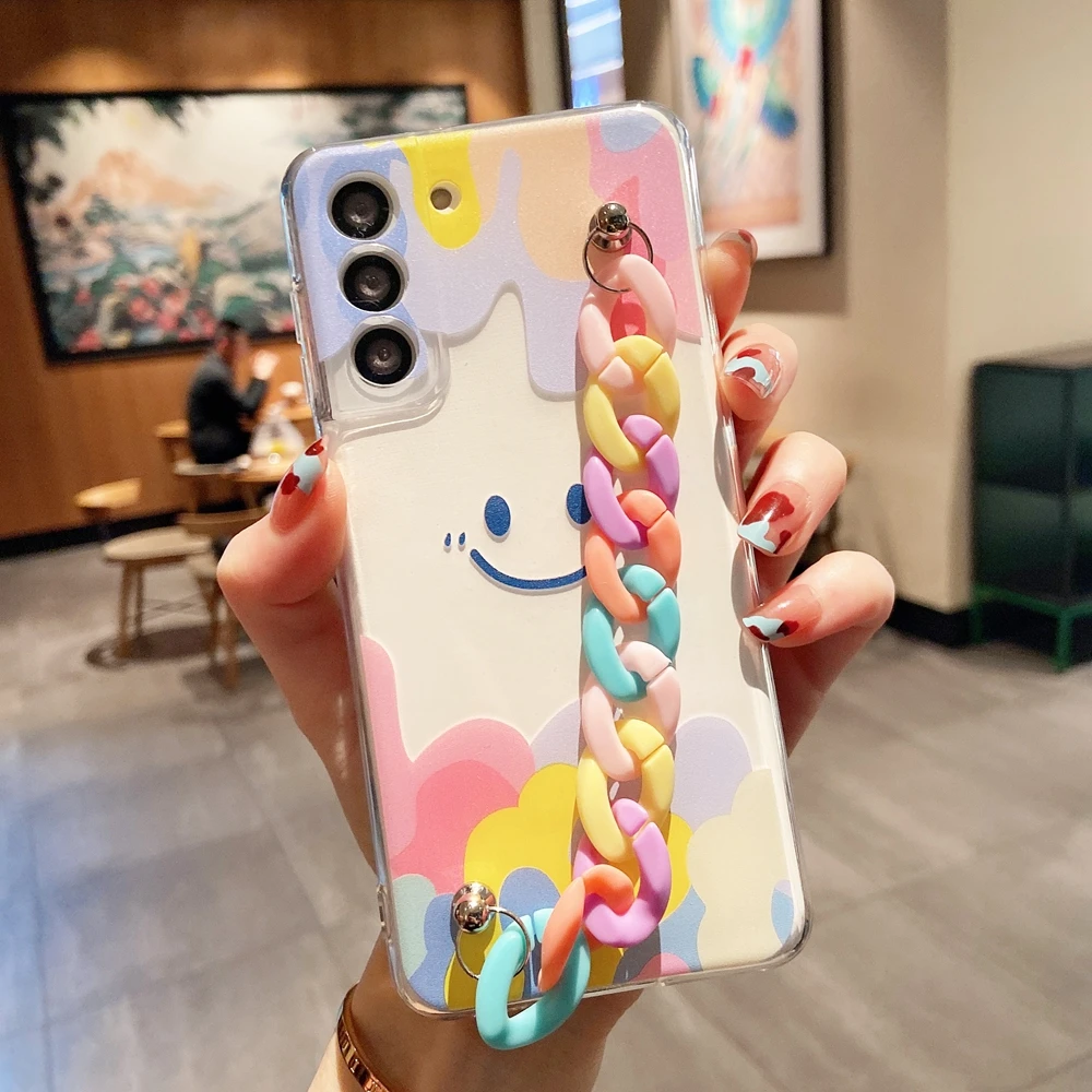 Luxury Smile Face Phone Case for Samsung S21 Plus S20 S22 Ultra Note 10 20 Galaxy A51 A71 A52 A72 A21S A32 Wrist Strap Cover samsung cute phone cover Cases For Samsung