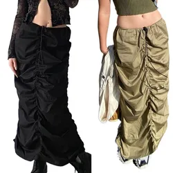 Women Solid Color Skirt, Drawstring Pleated Adjustable Elastic High Waist Half Dress Casual Daily Clothes