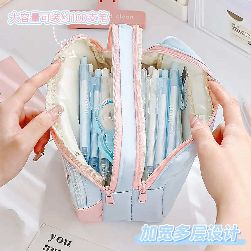 컬러 블록 투명 연필 케이스 대용량 창의적 다기능 문구 가방 일본식