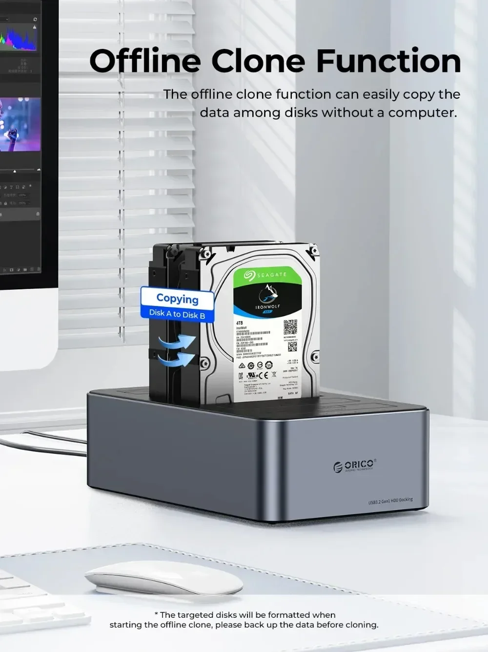 ORICO 2.5/3.5인치 하드 드라이브 도킹 스테이션 알루미늄 SATA - Type-C 5Gbps, 2.5/3.5인치 HDD/SSD 박스용 오프라인 복제 기능 포함