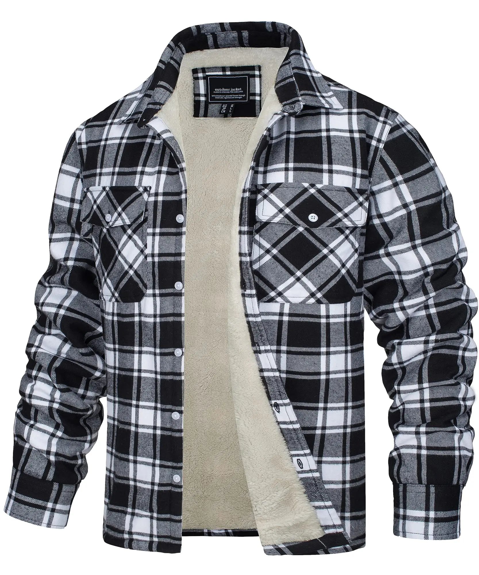 Herren-Jacke aus orangefarbenem Fleece-Flanellhemd, warme Winterjacke mit klassischem Stehkragen, Sherpa-gefütterter Baumwollmantel mit Knopftaschen – Detail 9