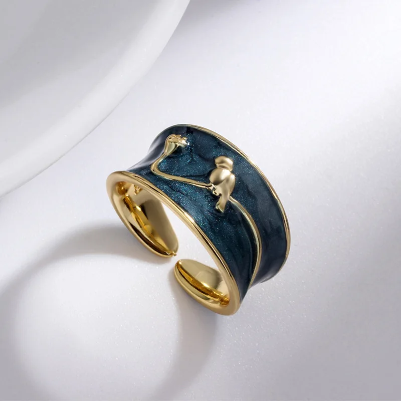 

925 Sterling Silver Rings Simple Korean Blue Enamel Glazed Gold Color Flower Branches Bird Fashion Jewelry for Women Girls Gift