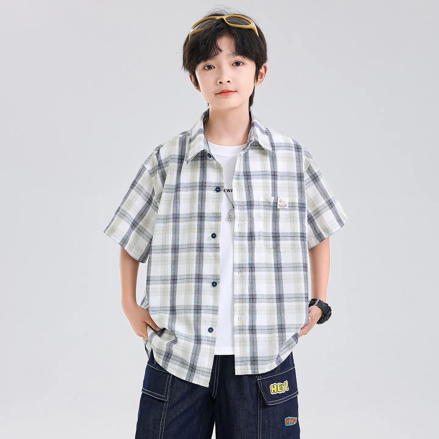 소년 여름 캐주얼 빈티지 격자 무늬 셔츠 2 색 격자 무늬 반팔 블라우스 프레피 스타일 키즈 루즈 피트 체크 무늬 버튼 다운 탑