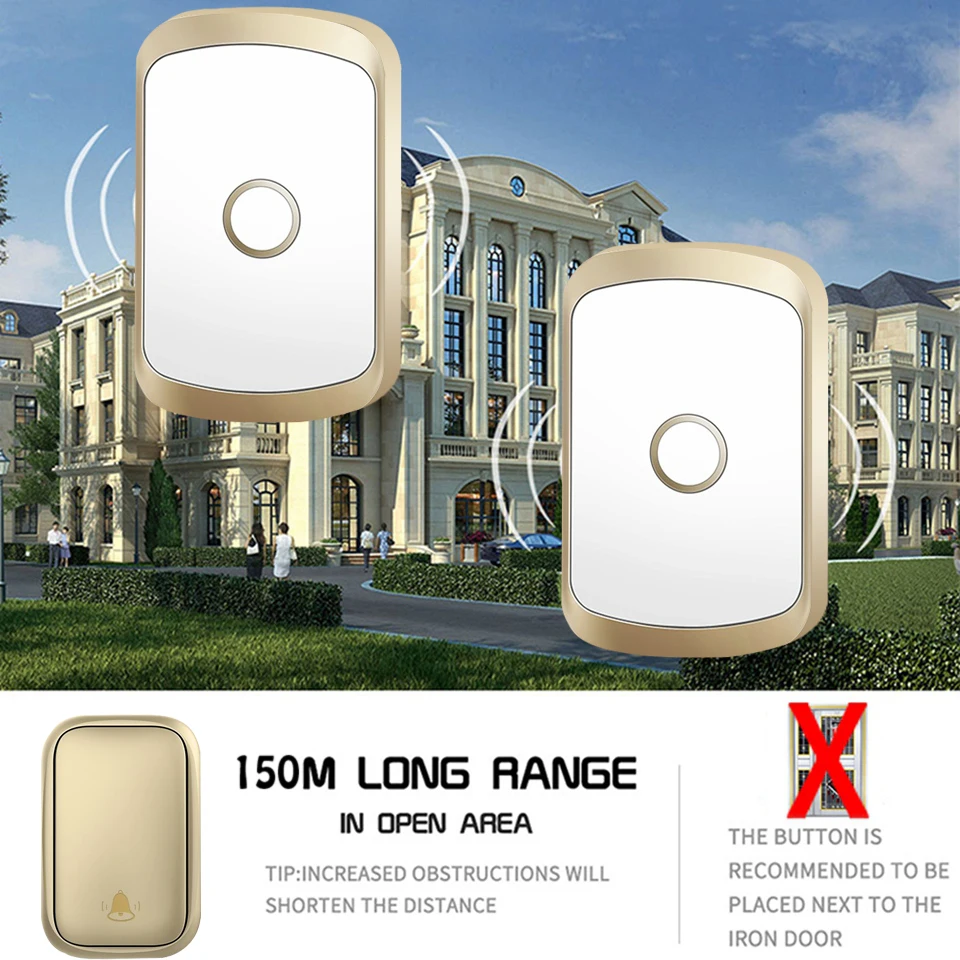 WEMEDA Smart Self-powered Wireless Doorbell No Battery Waterproof Gold Chime Home Door Bell US EU UK Plug 1 Button 4 Receiver