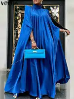 Plus Size 5XL VONDA Women Stand Collar Elegant Party Satin Dress Long Bat Sleeve Evening Pleated Maxi Sundress Casual Solid Robe - Image 3
