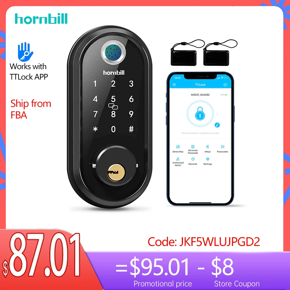 Hornbill Biometric Fingerprint Smart Door Lock Wifi Keyless Entry Front