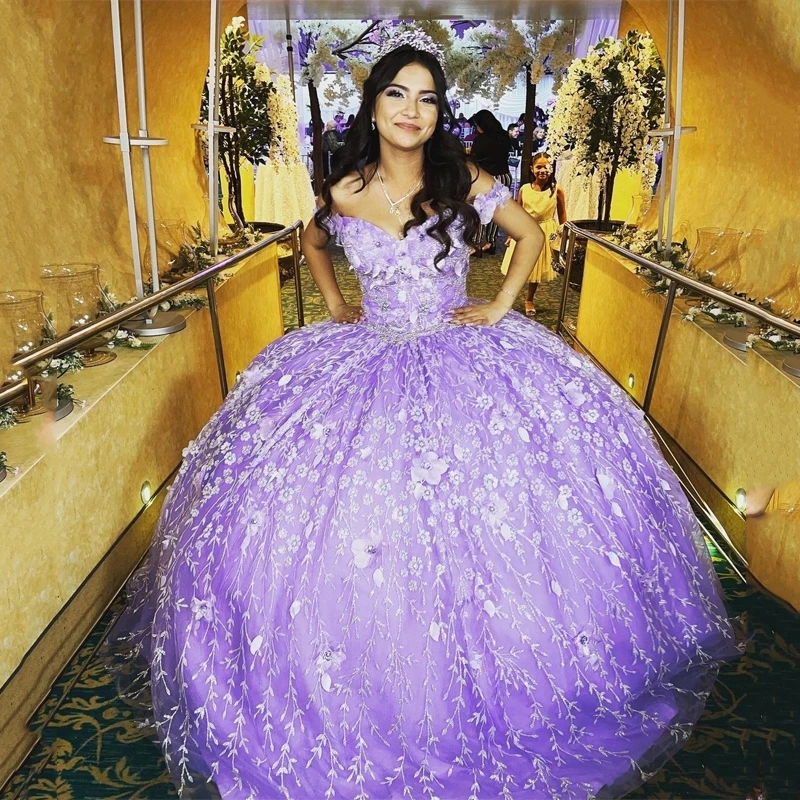

Роскошные Лавандовые платья для Quinceanera 2023 блестящее бальное платье с цветами платье для выпускного вечера 16 платье мексиканские платья для XV лет