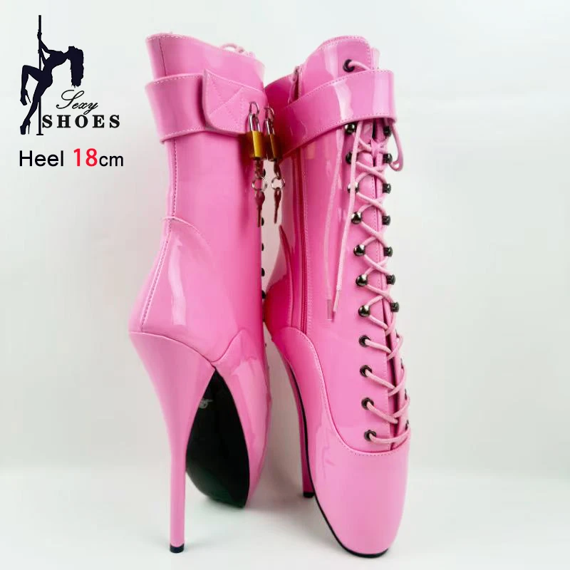 7" /18cm Thin Heel Cosplay Pink Short Boots Lockable Women Shoes Lock Wrap Strap Super High Heel Sexy Ballet Boots Size 36-46