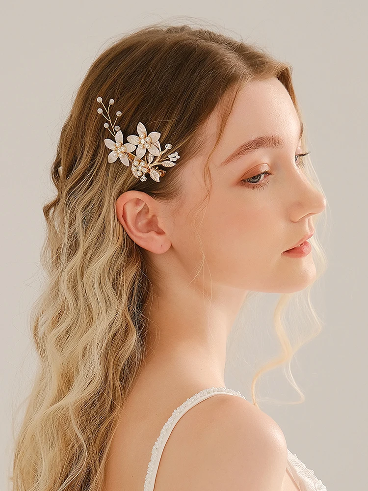 Handgemachte Perle Blume Haars pangen für Frauen Haarnadeln Braut Hochzeit Haarschmuck Kristall Gold Farbe Braut Kopf bedeckung Geschenk – Detail 3