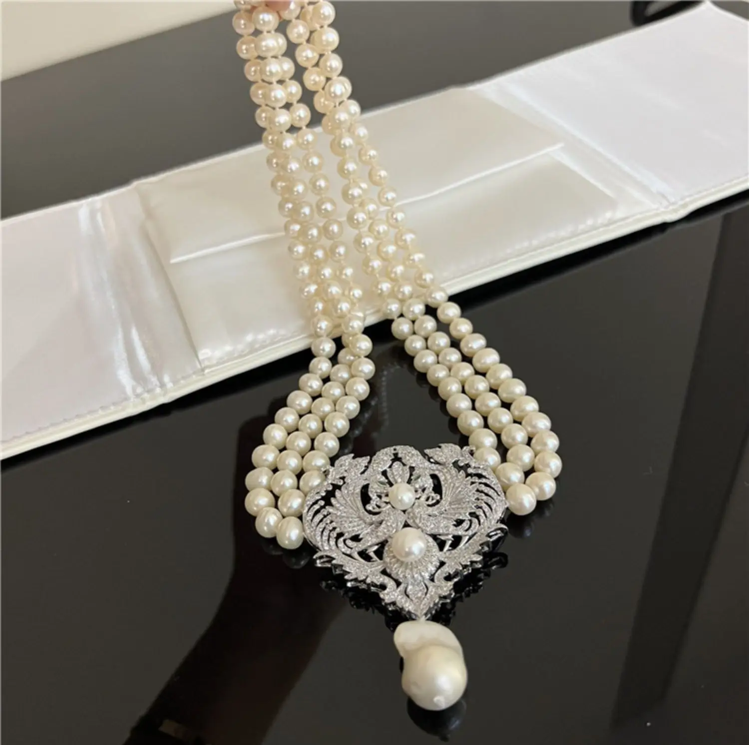 Natural 3 Strands8-9mm Freshwater Cultured White Pearl Necklace CZ Cubic Zirconia Pave Pendant Handmade For Women