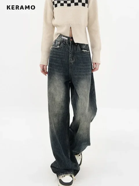 Jean taille haute pour femme, Streetwear Harajuku, mode rétro, ample, jambes larges, droit, pantalon en Denim, Baggy Y2K, automne 2