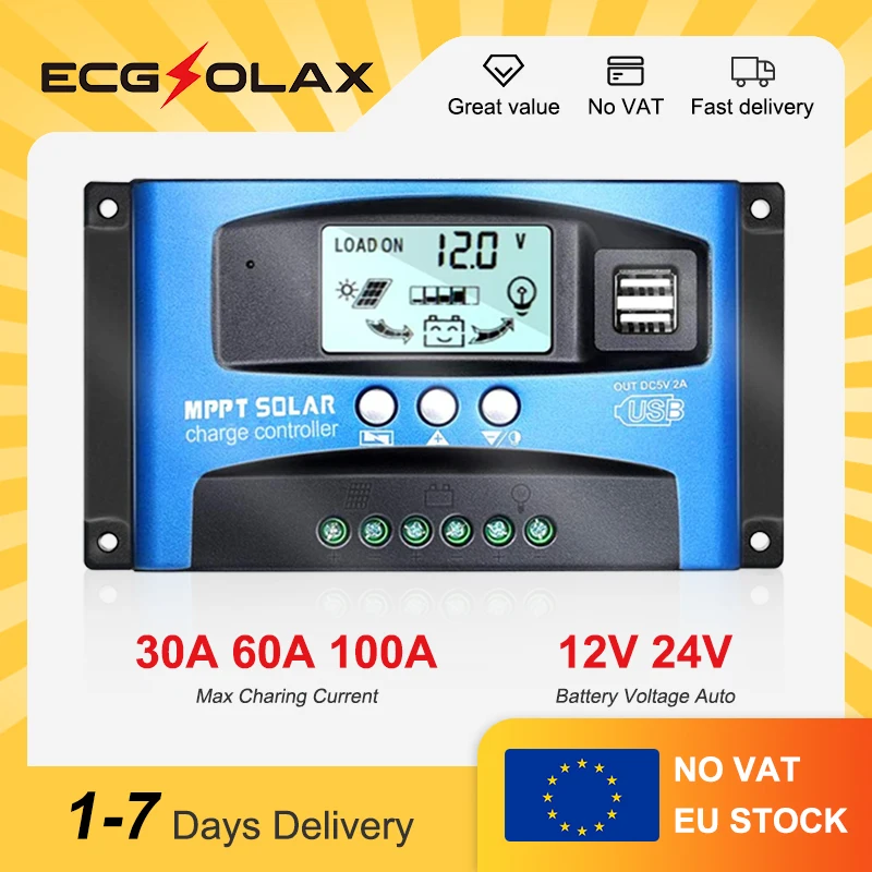 ECGSOLAX solaire MPPT 30A 60A 100A contrôleur de Charge double USB écran LCD 12V 24V régulateur de chargeur de panneau de cellules solaires avec Charge