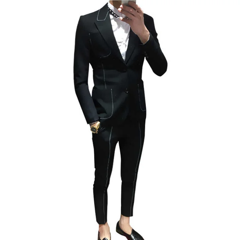 sport coat De Trajes Hombre British Style Slim Suit Two-piece Suit Nightclub Rivet Coat Smoking Homme Mariage Fashion Korea Suit Male blazers