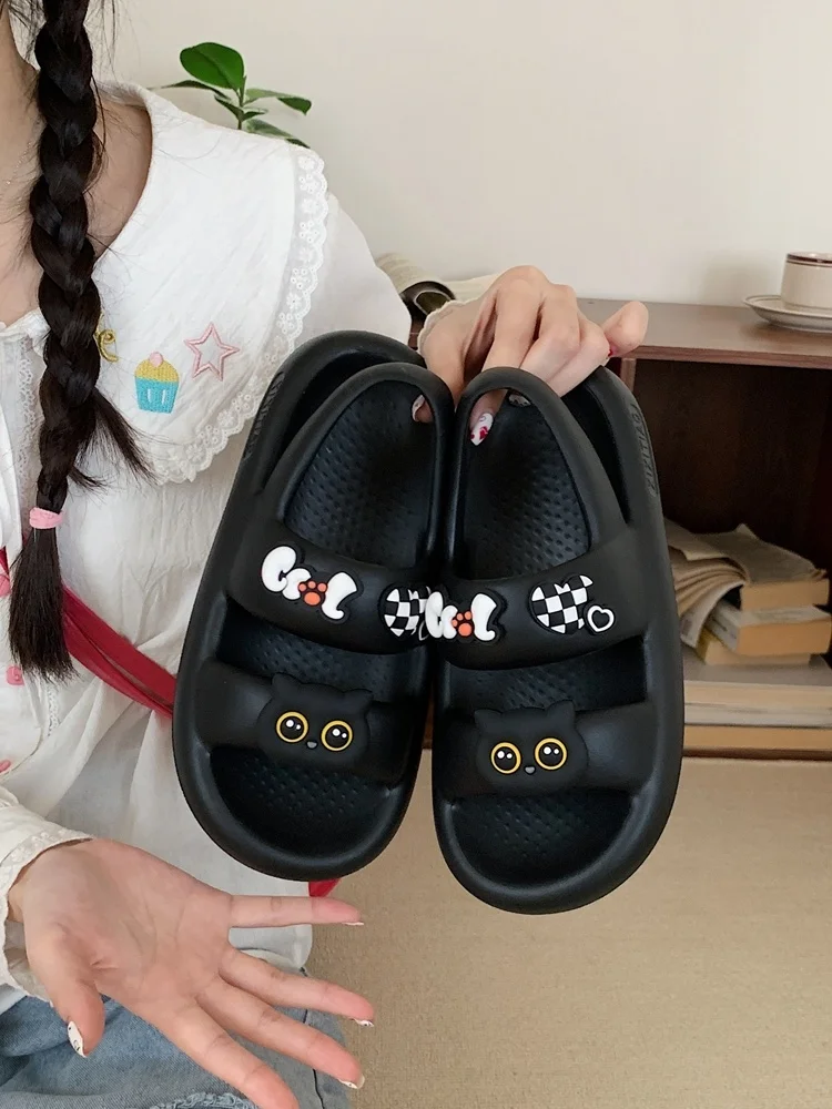 EVA Sandals Women Beach Shoes For Women Thick Sole DIY Hole Sandals Summer Sweet Cool Cute Black Cat Sandals